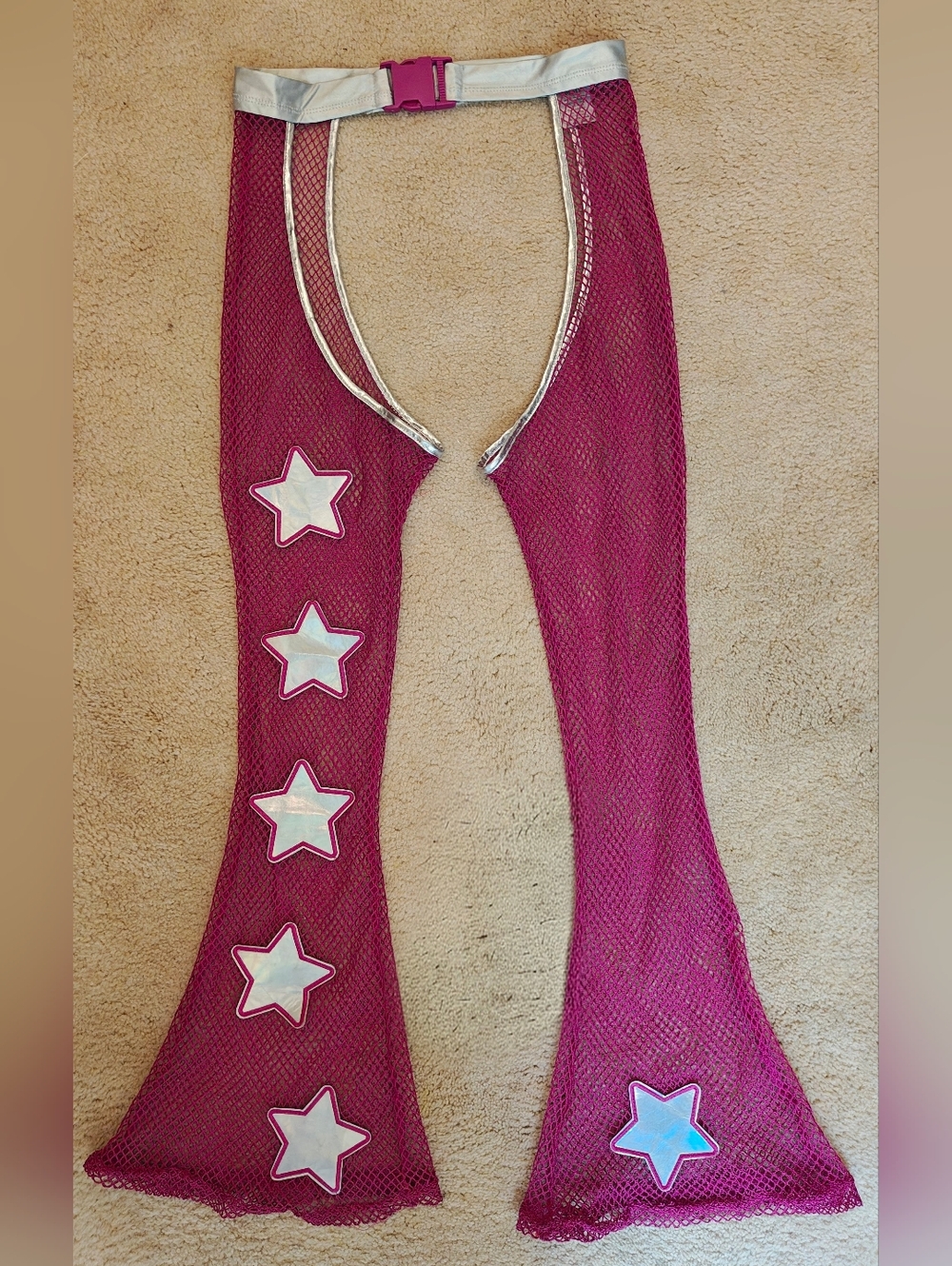 Hot Pink & Silver Stars Fishnet Rave Flared Chaps.